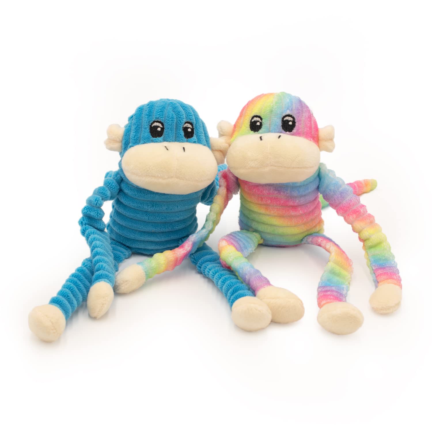 ZippyPaws Crinkle Monkey, juguete-perro-arcoiris-azul, ideal para juego activo y mordisqueo suave.