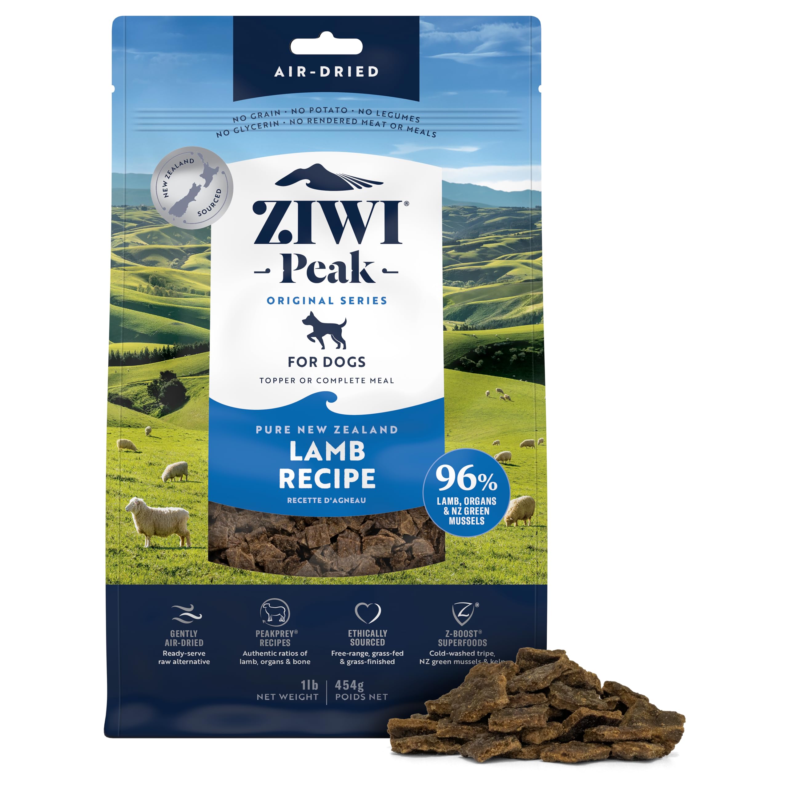 Ziwi Peak, envase, alimento de cordero aire secado, alta proteína para perros activos.