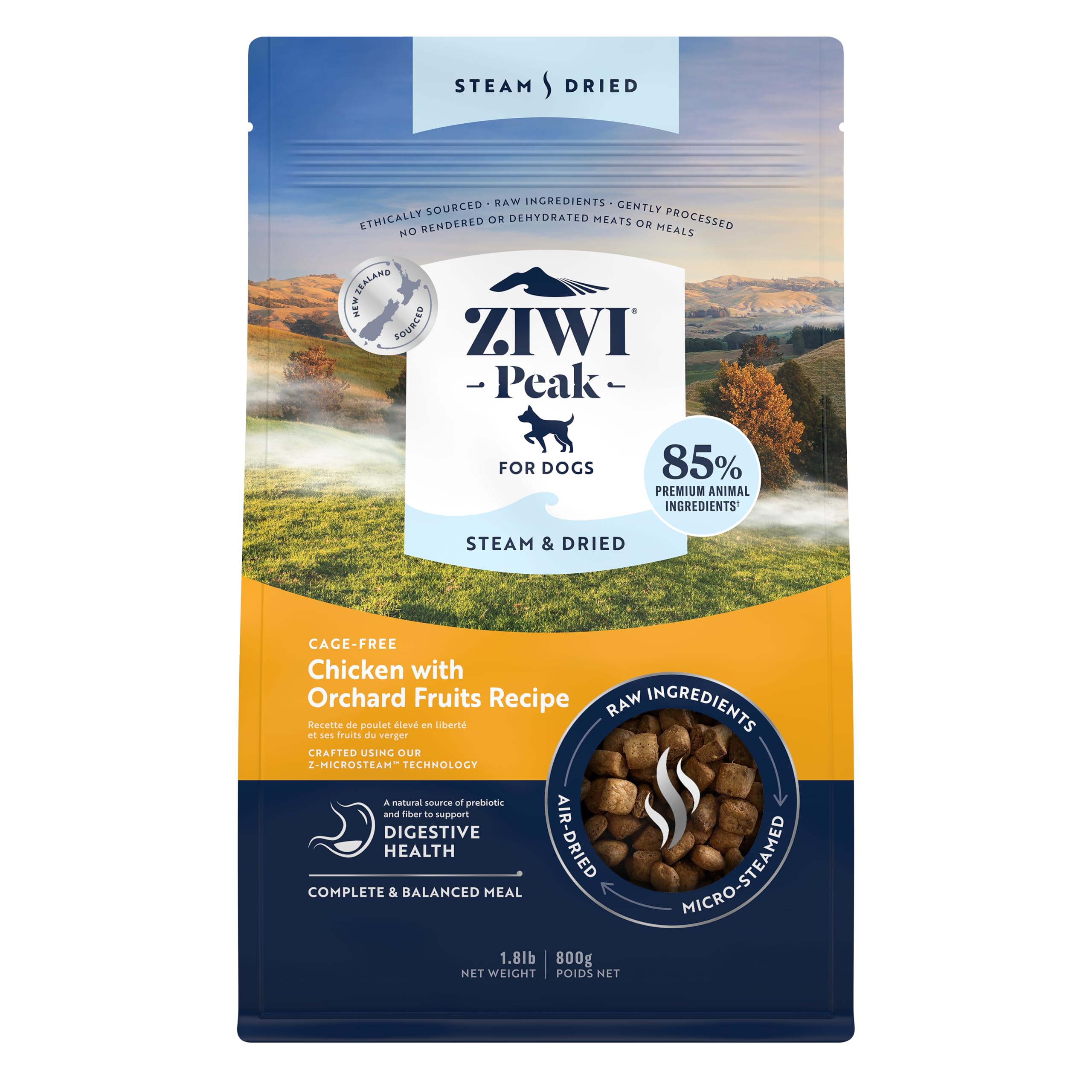 Alimento para perro ZIWI Peak con pollo sin jaula y frutas, sabor natural.