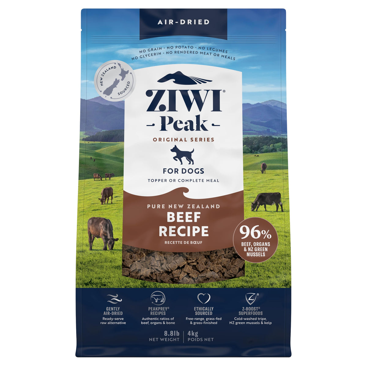 ZIWI Peak carne de res sin granos, alimento completo para perros jóvenes.