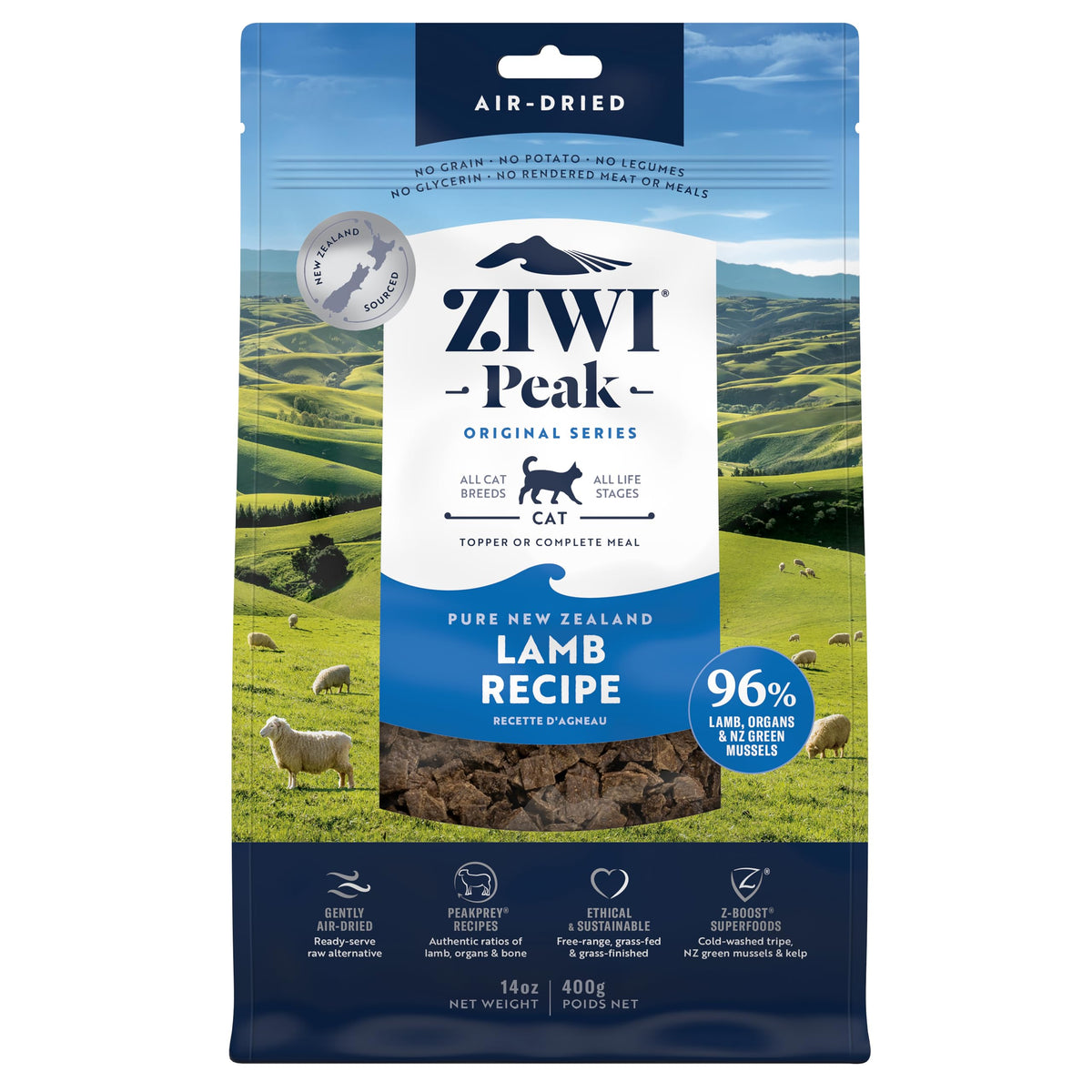 ZIWI Peak cordero seco para gatos, dieta completa de alta proteína.