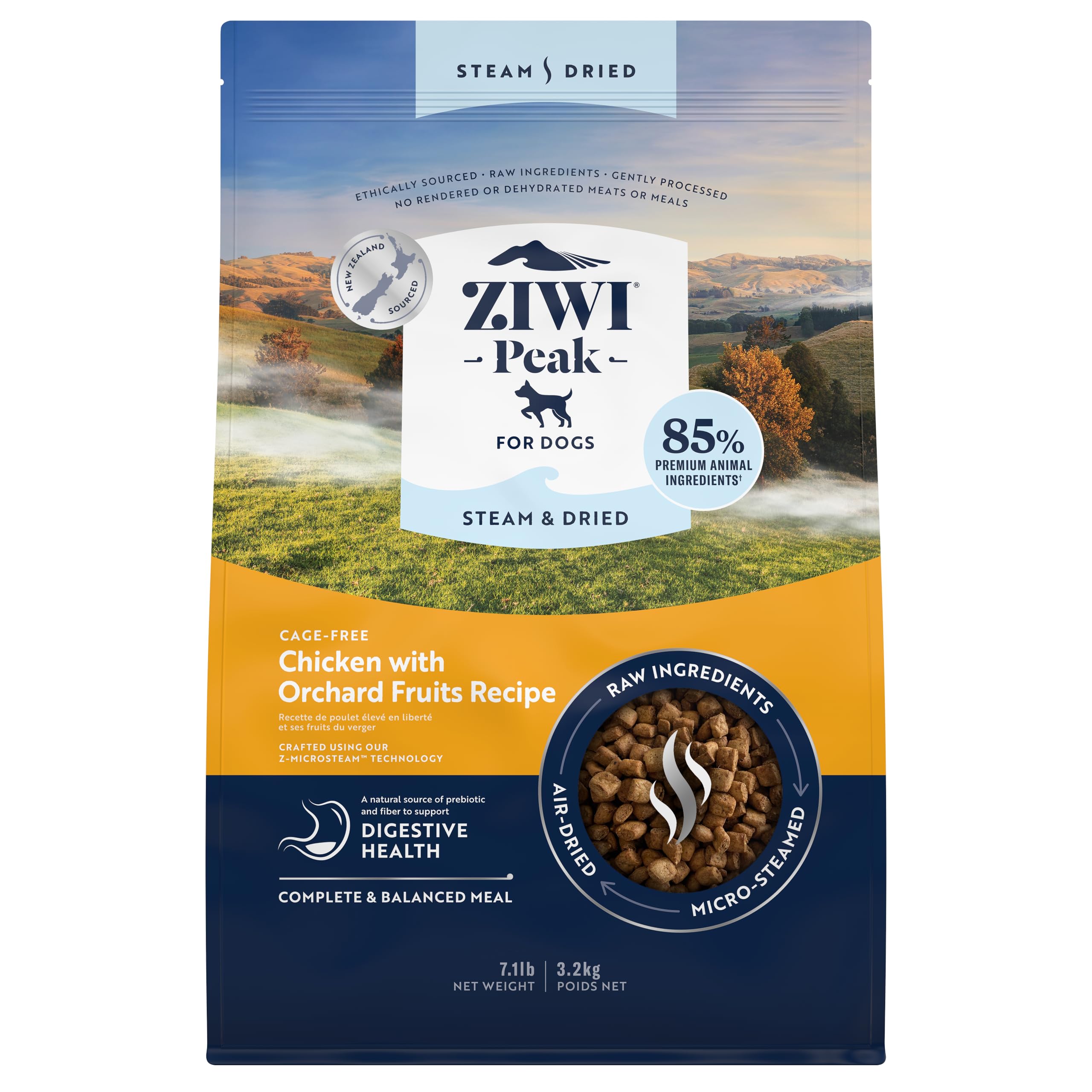 ZIWI Peak envase muestra pollo libre de jaula con frutas, ideal para todas las razas