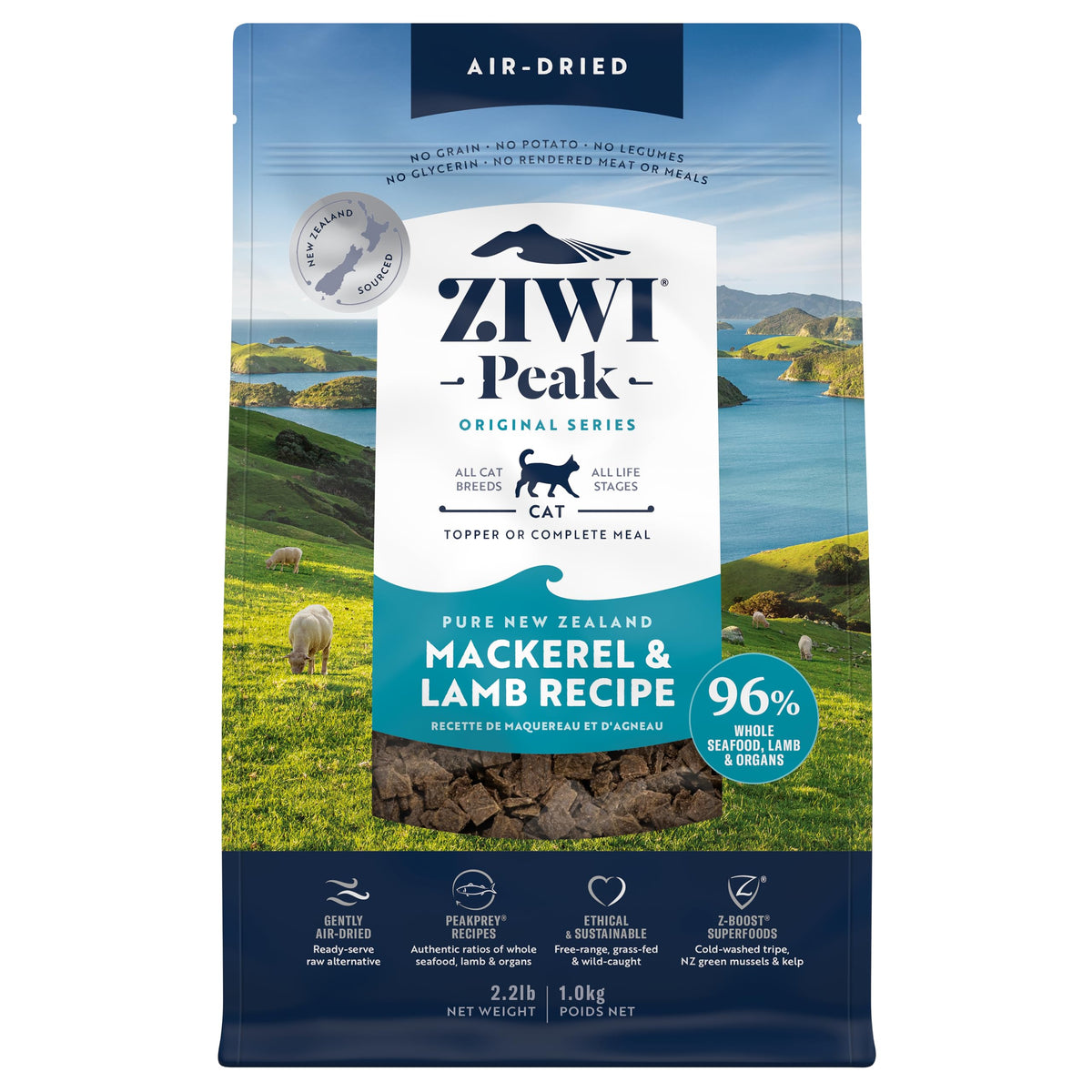 ZIWI Peak para gato, envase visible con comida aire-secada de merluza y cordero, alto en proteína