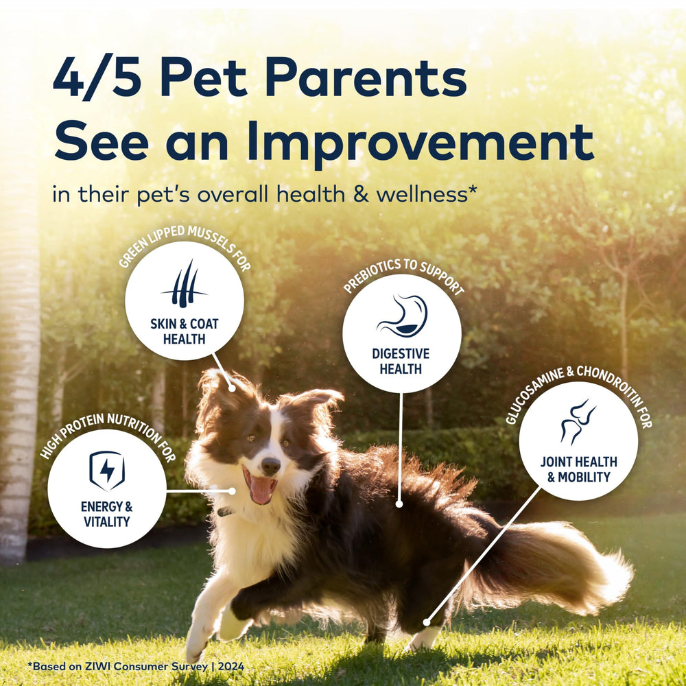 Mezcla de ingredientes naturales de Ziwi Peak procedentes de Nueva Zelanda para perros.
