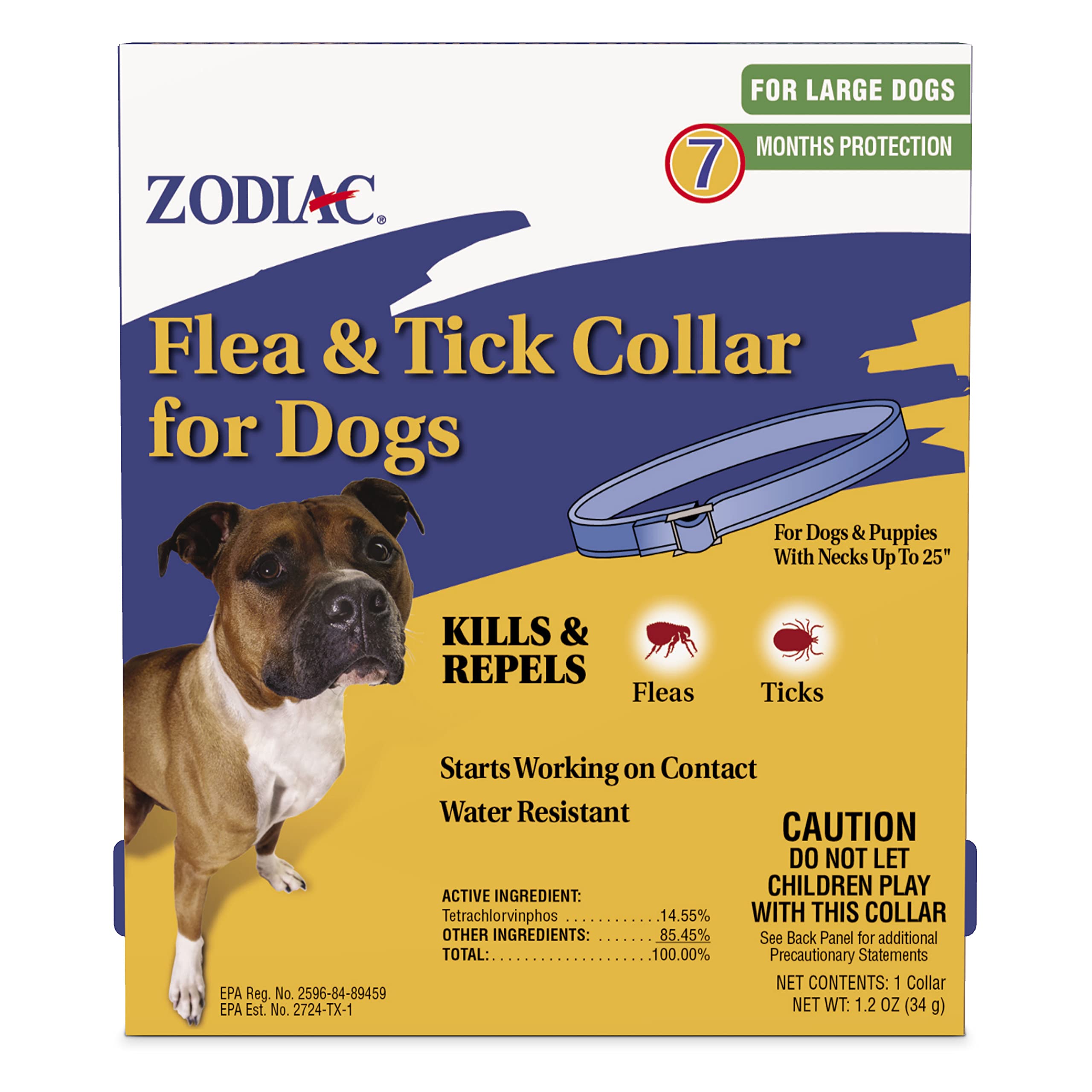 Collar Zodiac en perro grande; protección contra pulgas y garrapatas al instante.