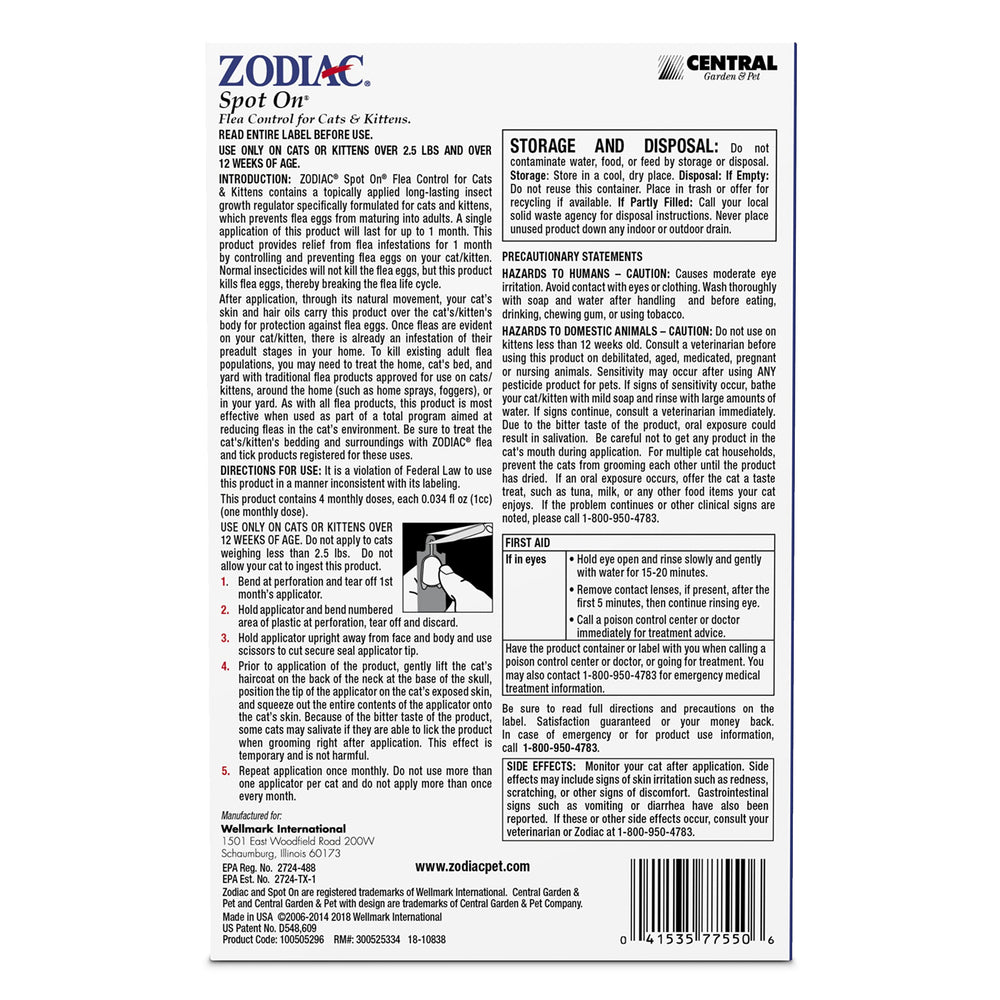 Zodiac Spot On Plus: gota de aplicación para control inmediato de pulgas y garrapatas.