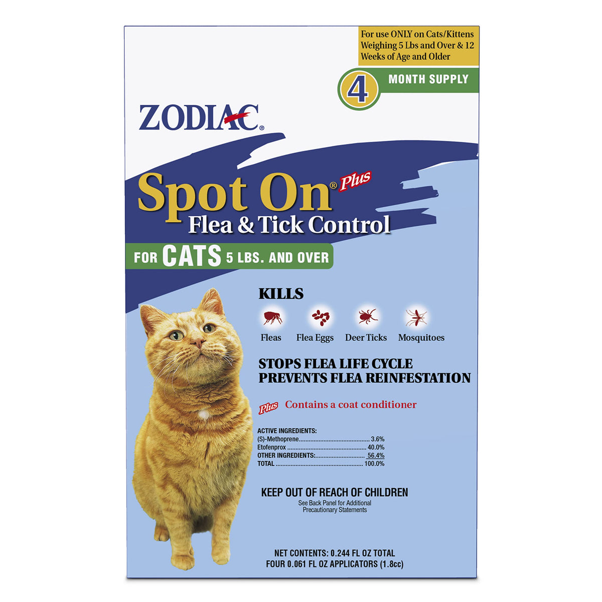 Zodiac Spot On Plus: caja del producto, ideal para control duradero de pulgas en gatos.