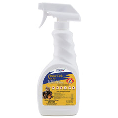 Spray Zodiac para pulgas y garrapatas en perros y gatos, acción rápida.