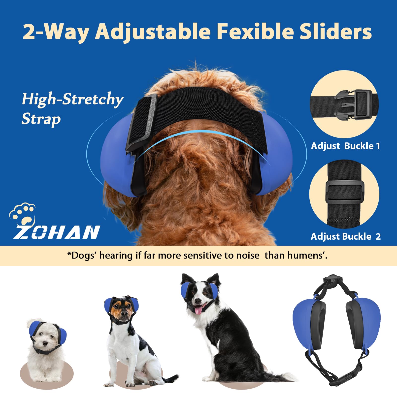 ZOHAN diseño ergonómico para orejas de perro, azul, comodidad sostenida.