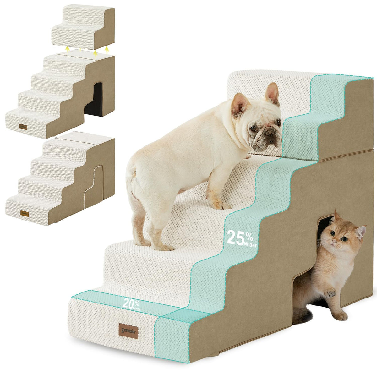 ZOMISIA escalera para cama alta, vista frontal, ideal para perros pequeños.