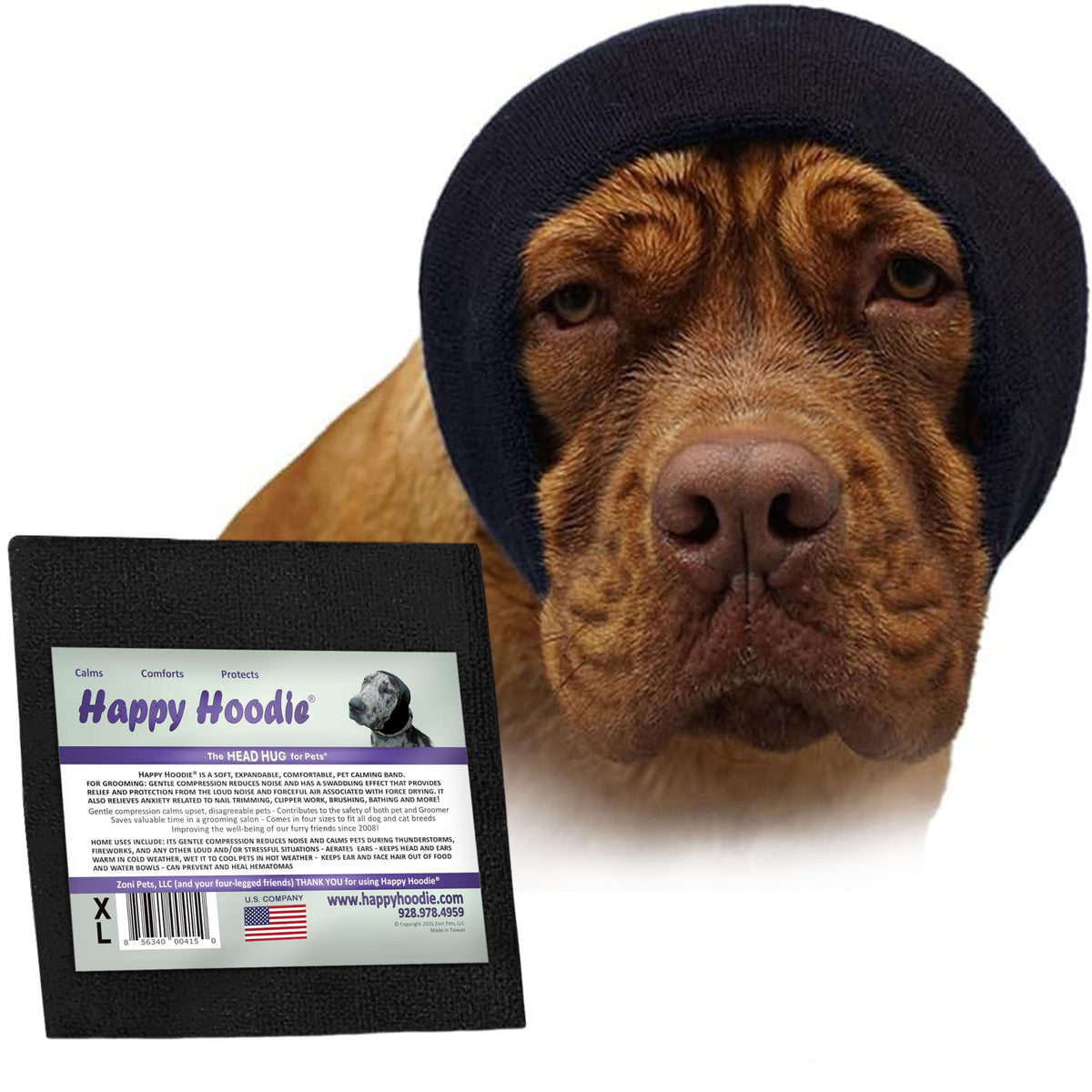 Happy Hoodie de ZONI PETS sur un chien pendant le toilettage pour un calme.