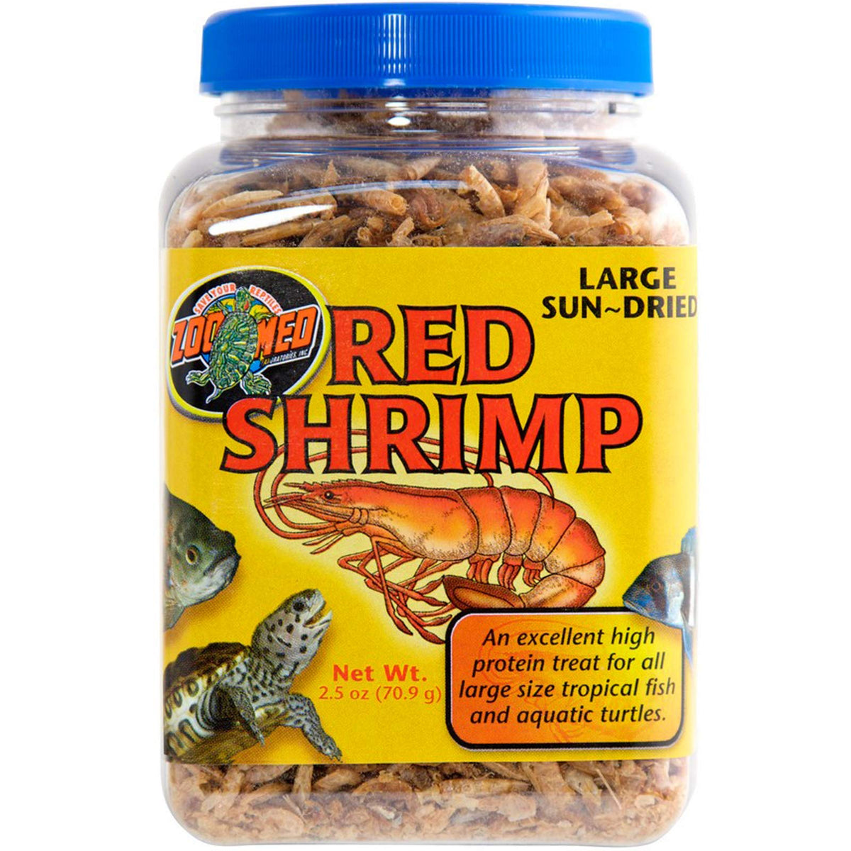 Zoo Med Camaron Rojo Grande Deshidratado al Sol, alimento proteico para tortugas y peces grandes.