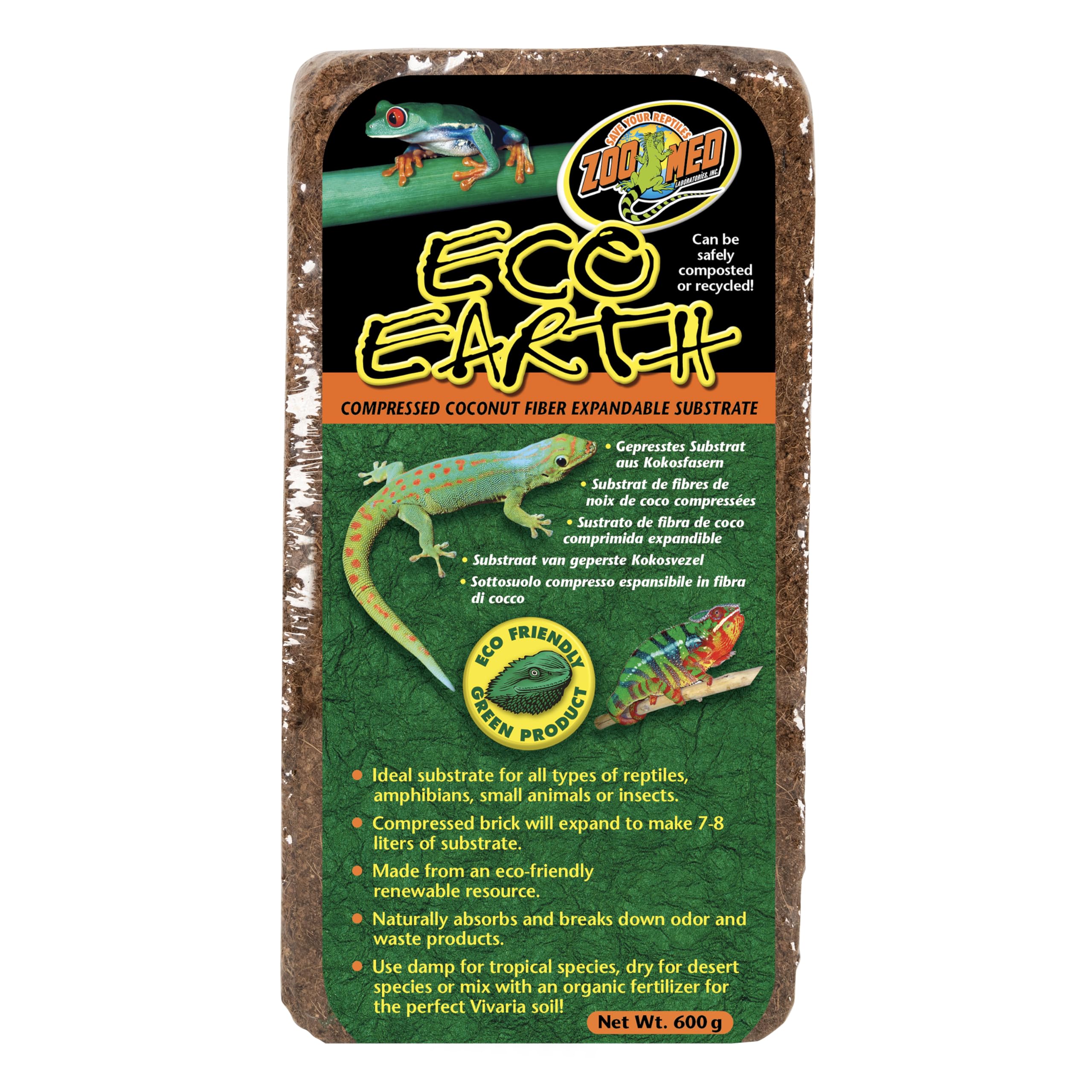 Zoo Med Eco Earth bloque coco compactado, sustrato seguro para reptiles.