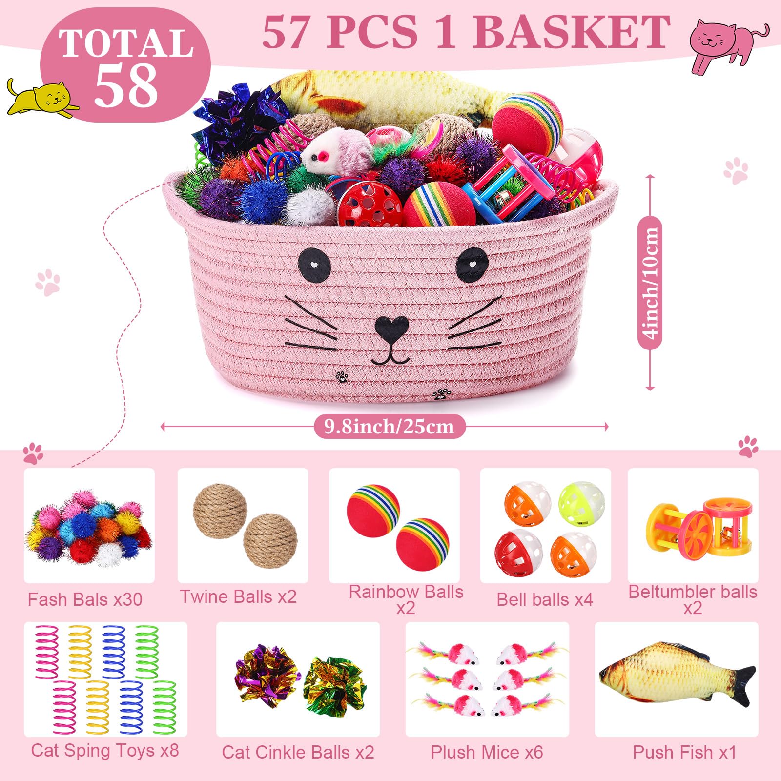 Conjunto de juguetes Zopeal para gatos, 58 piezas coloridas para juego interactivo.