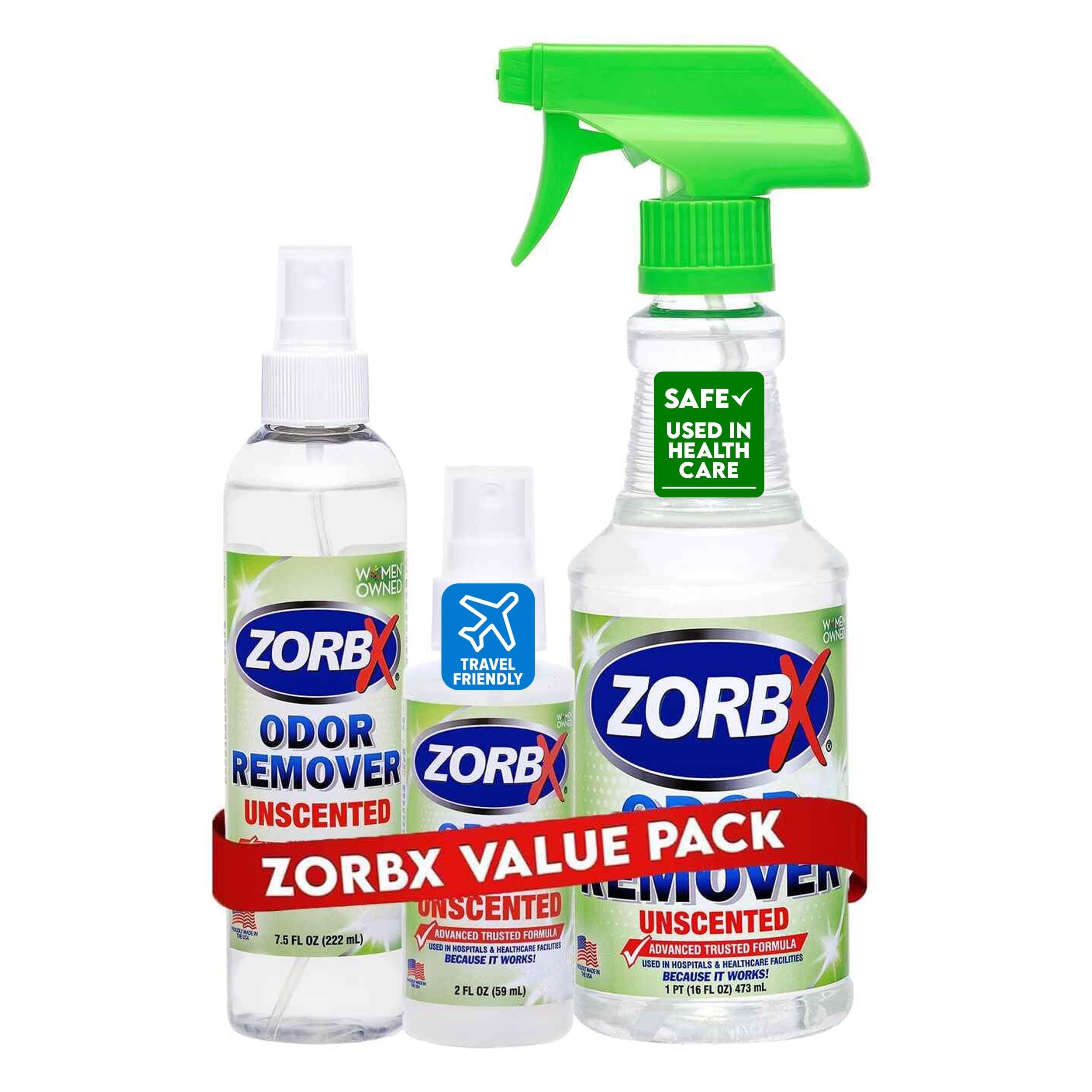 ZORBX eliminador de olores en botella 16 oz, neutraliza olores de interiores.