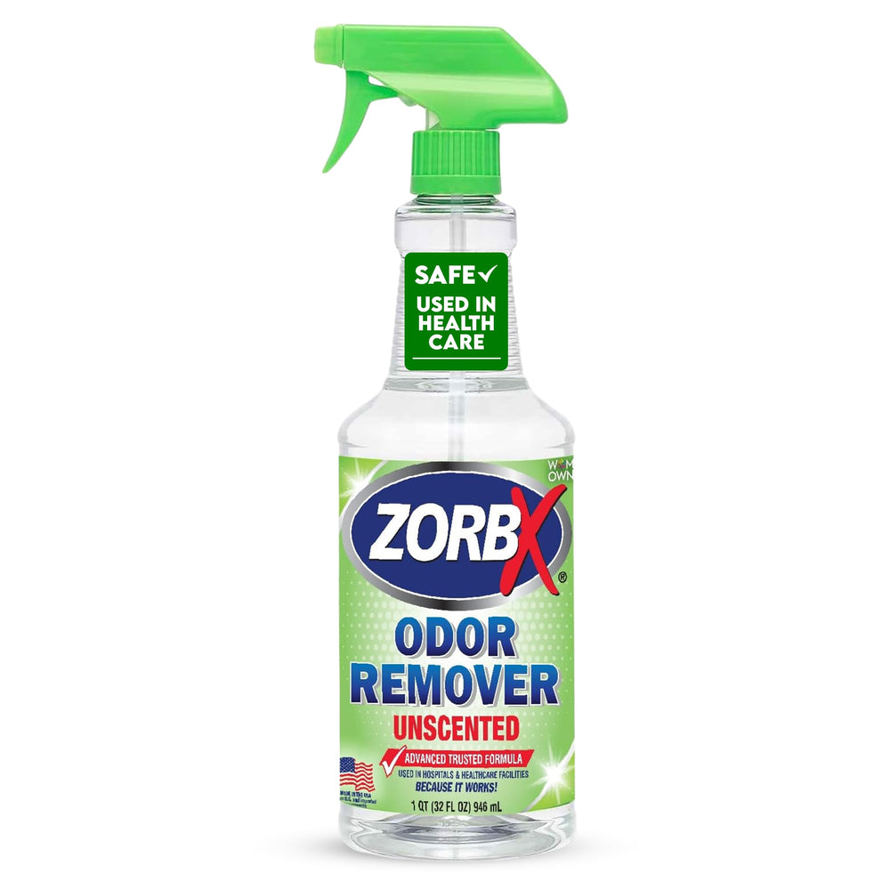 ZORBX eliminador de olores sin fragancia, botella de 32 onzas para uso inmediato.