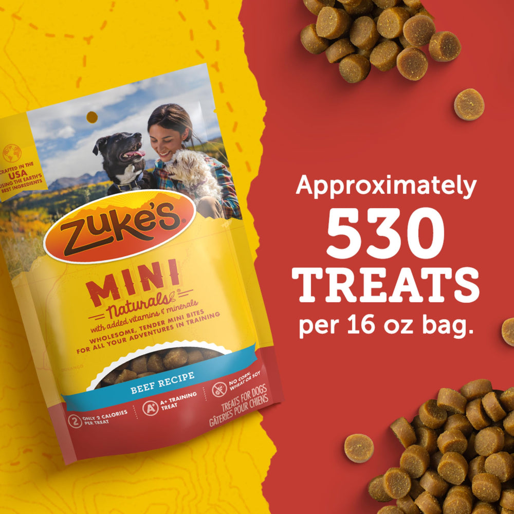 Zuke’s Mini Naturals en bolsa reutilizable, fácil de llevar en paseos.