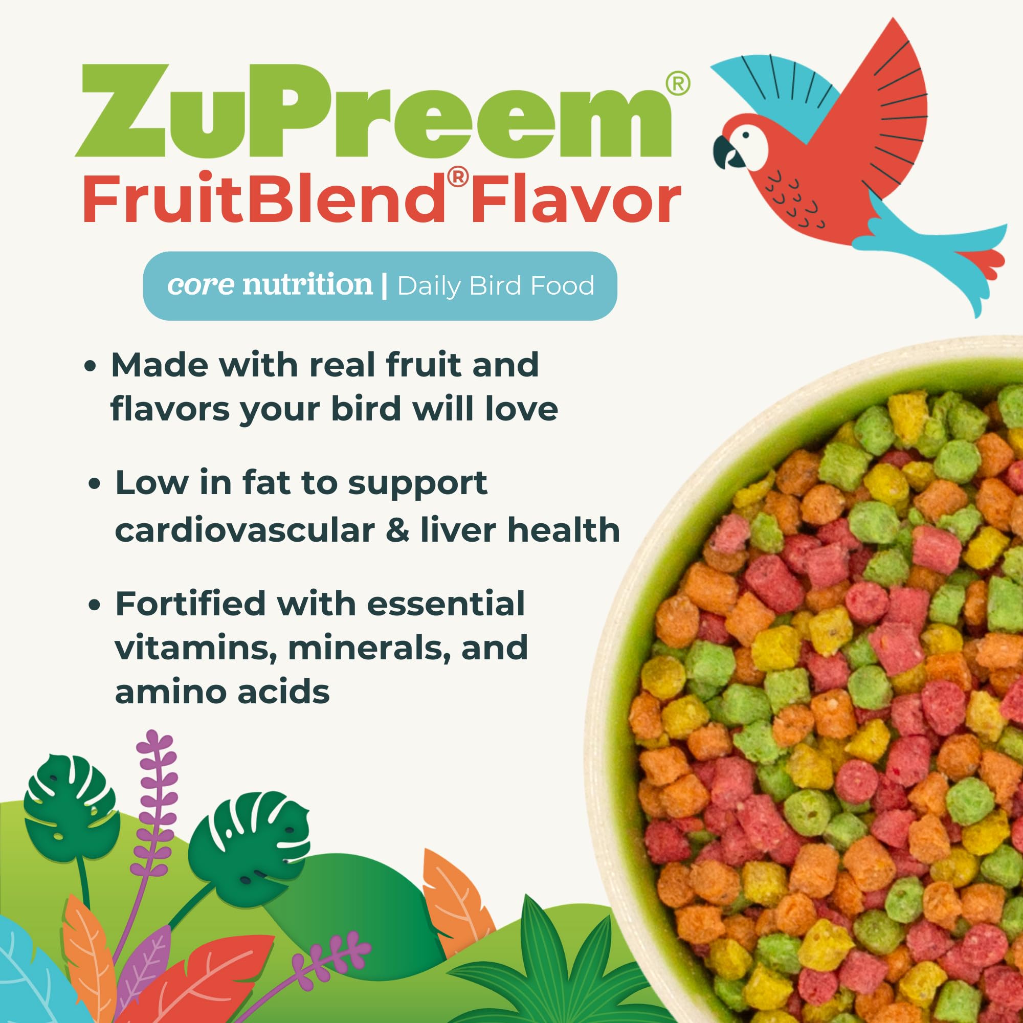 ZuPreem FruitBlend nutricion diaria con vitaminas esenciales.