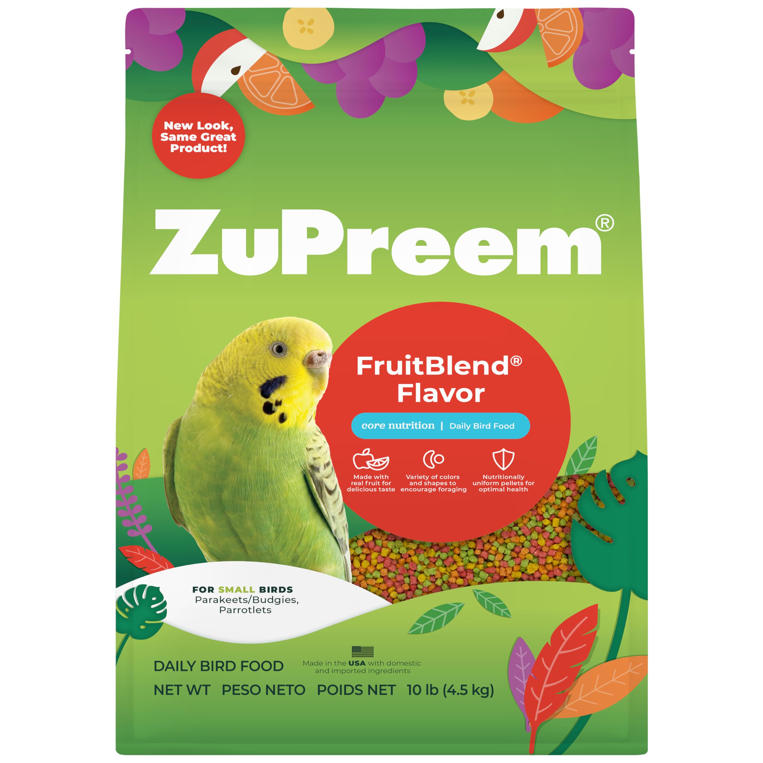 ZuPreem FruitBlend pellets-fruta para aves pequeñas con colores atractivos.