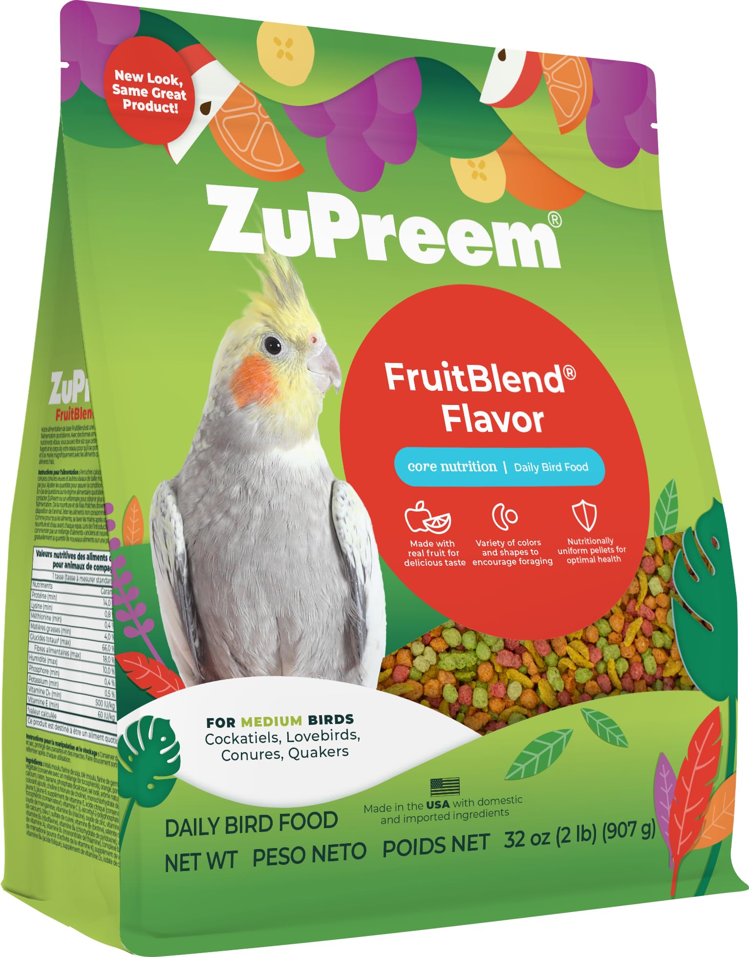 ZuPreem FruitBlend pellets-fruta para aves medianas, nutrición diaria equilibrada.