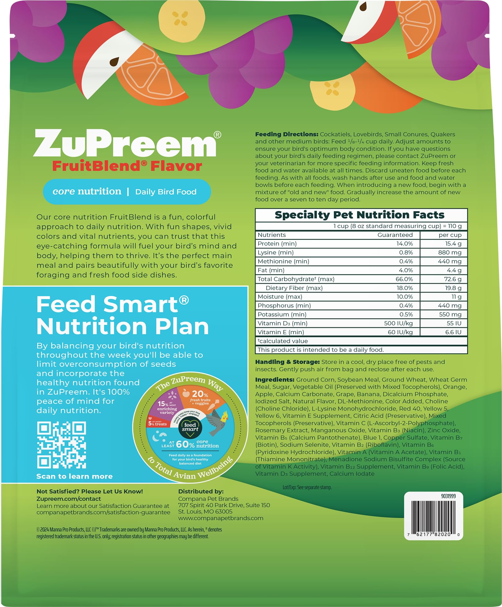 ZuPreem FruitBlend pellets con nutrientes esenciales para la dieta diaria.