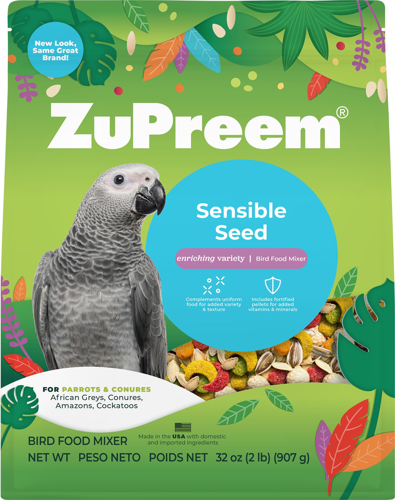 ZuPreem Sensible Seed tazón con pellets y semillas, sabor agradable para aves.