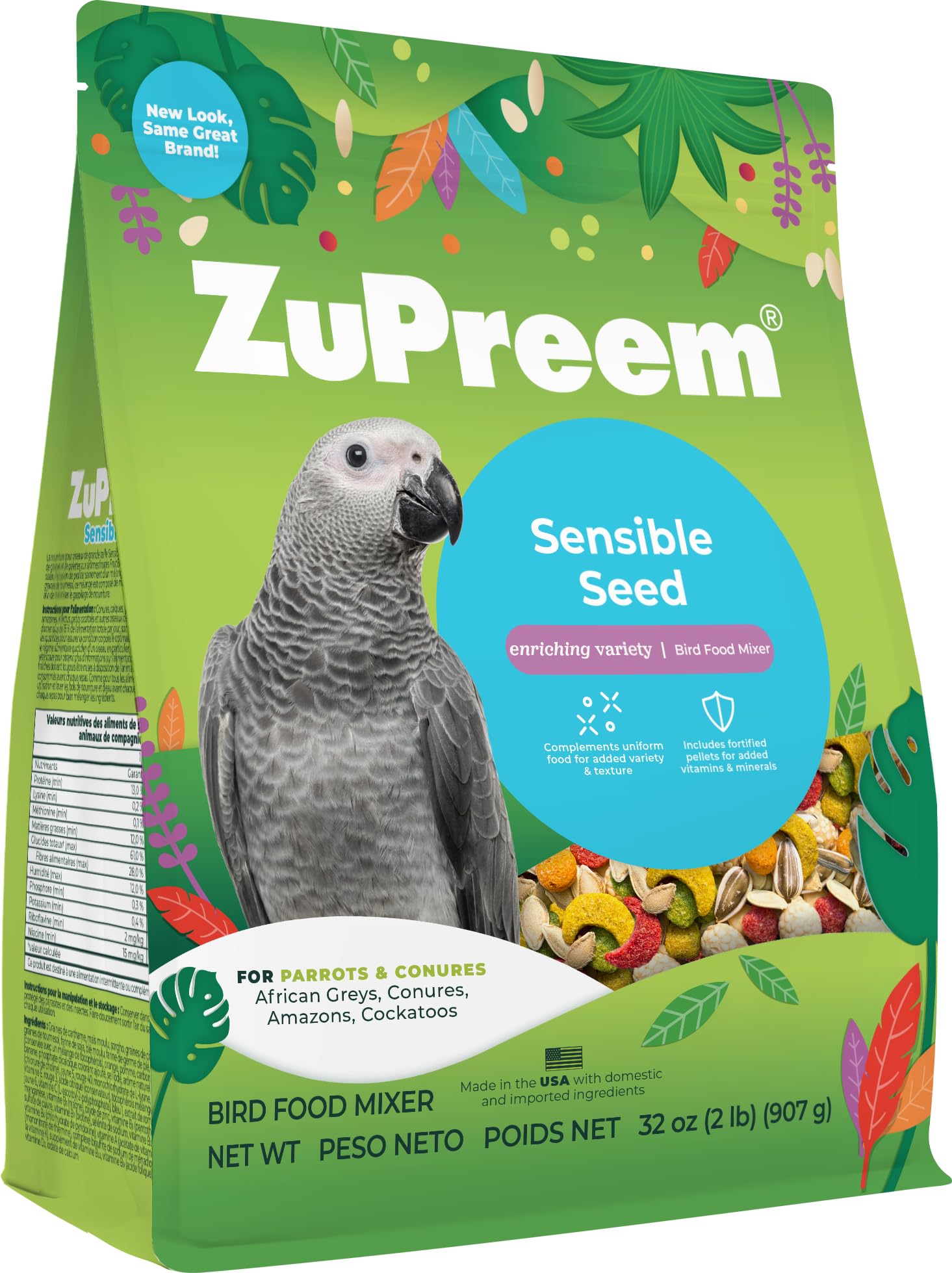 ZuPreem Sensible Seed envase mostrando la mezcla para aves medianas, con porciones equilibradas.