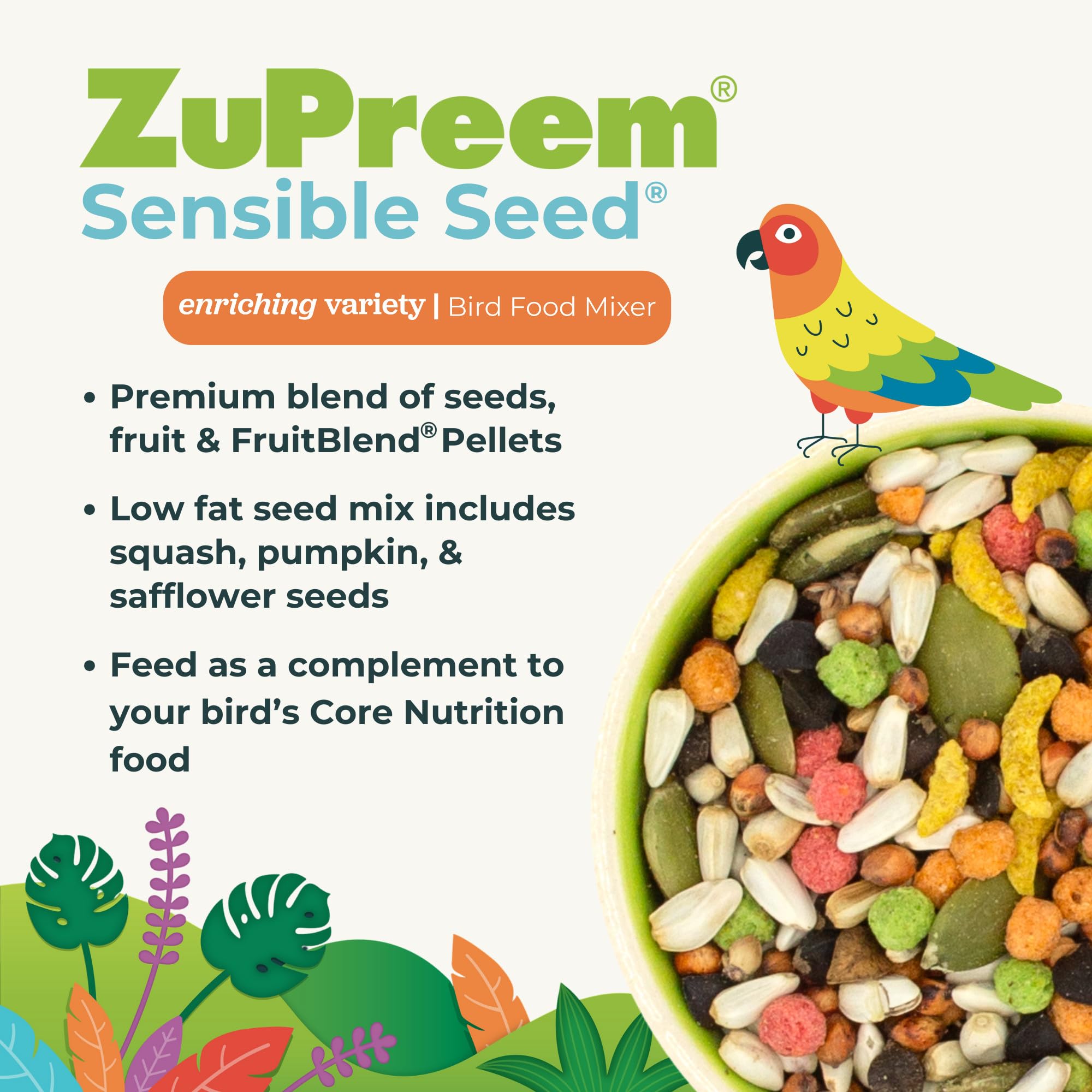 ZuPreem Sensible Seed, variedad enriquecedora para pajaritos curiosos.