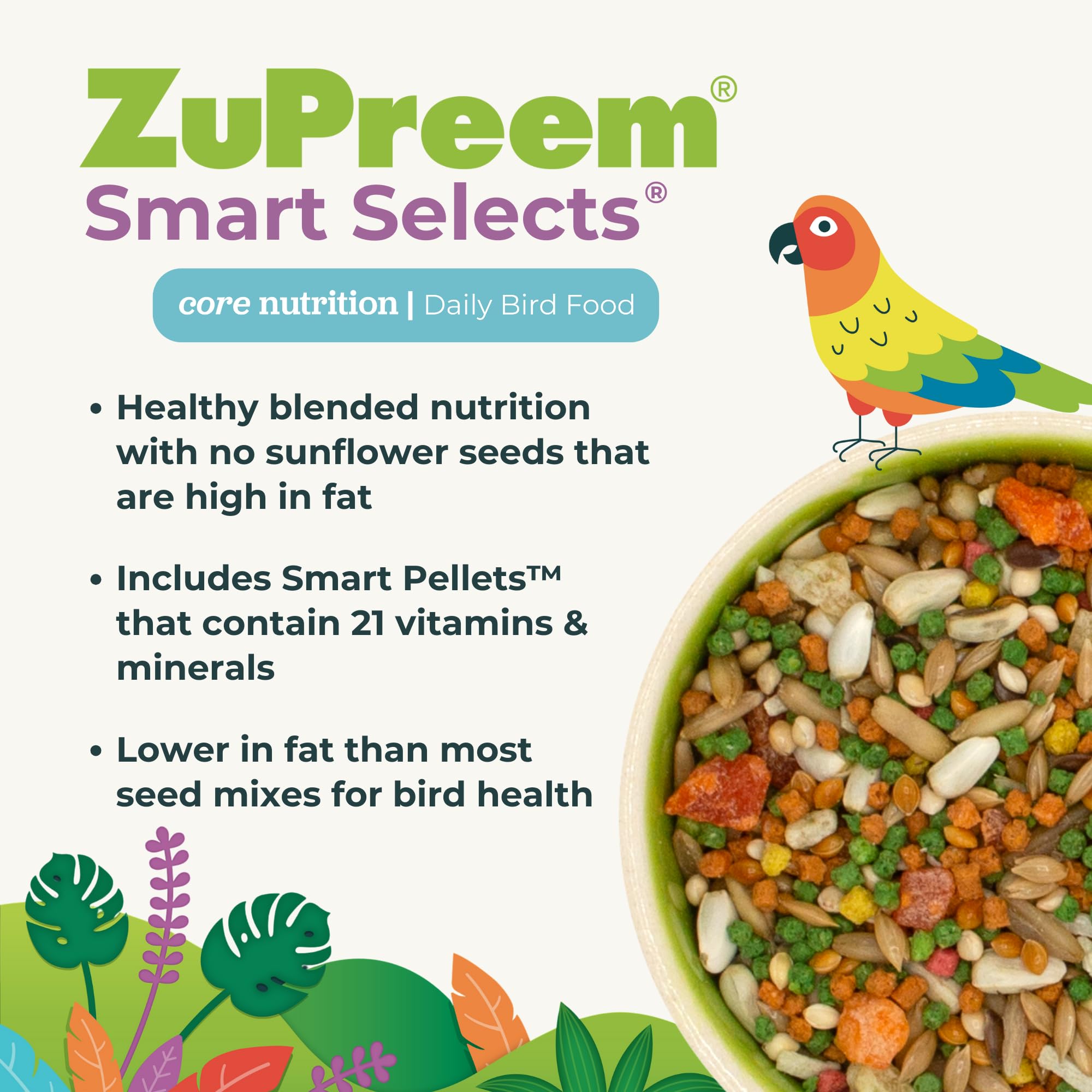 ZuPreem Smart Selects, nutrición esencial para aves pequeñas.