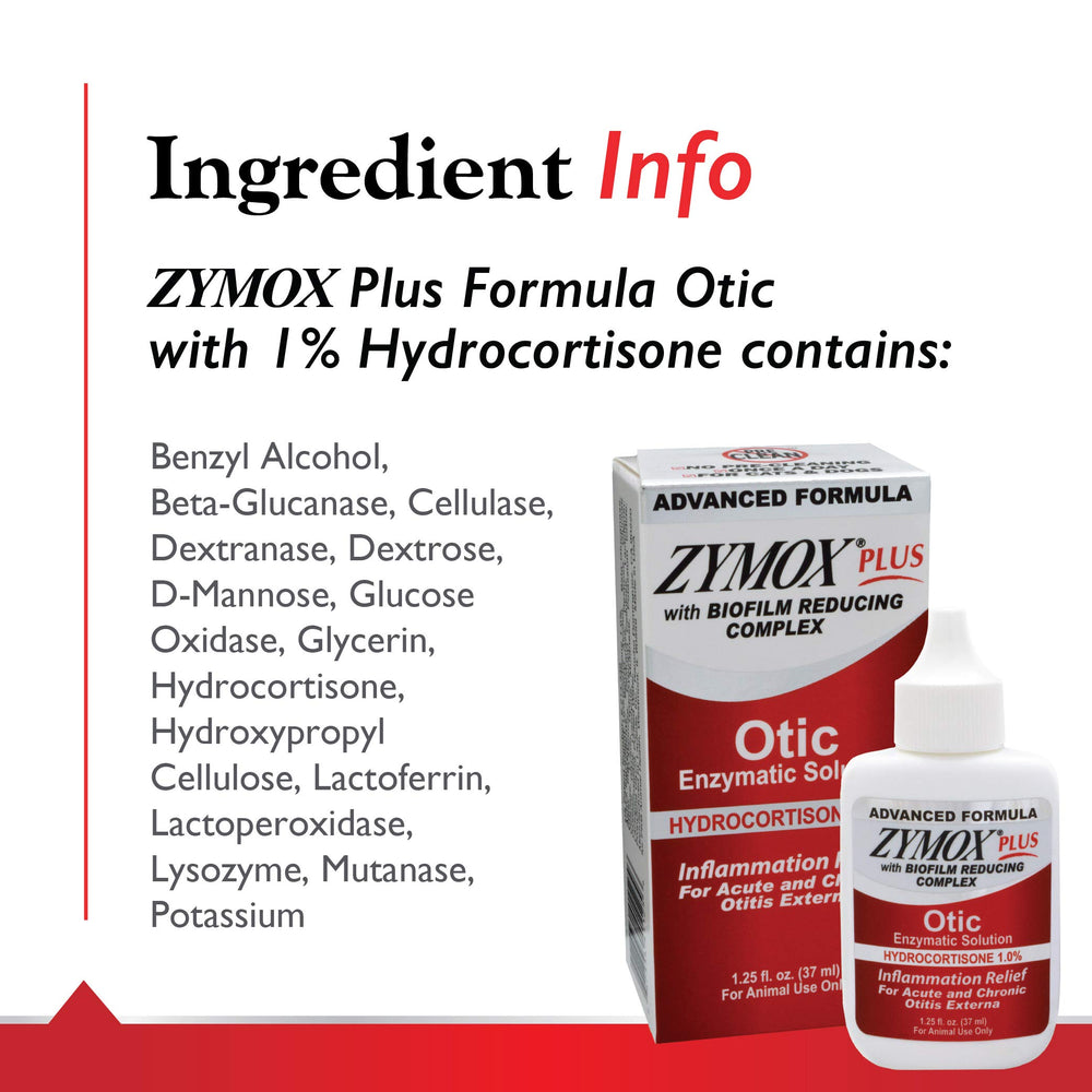 Etiqueta de Zymox Advanced Formula Otic Plus muestra 1% hidrocortisona para el alivio.