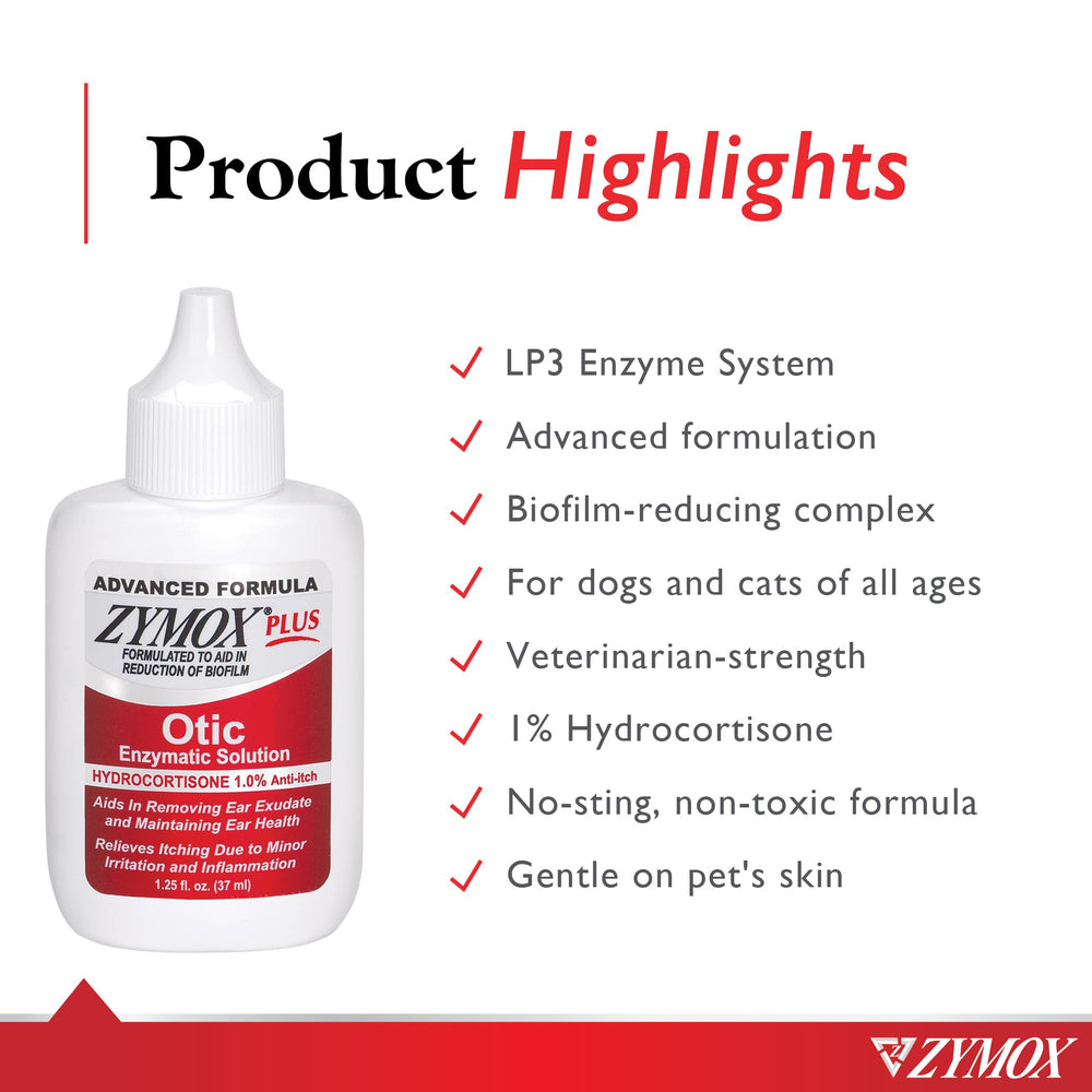 Zymox Advanced Formula Otic Plus ayuda a limpiar exudado y biofilm en oídos.