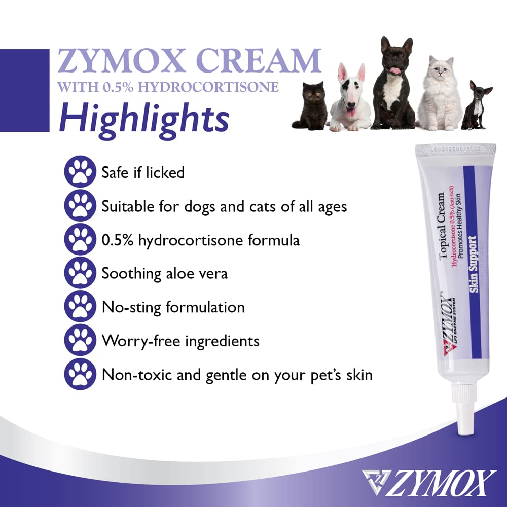 Zymox crema tópica, ingredientes suaves, seguro si se lame tras la aplicación.