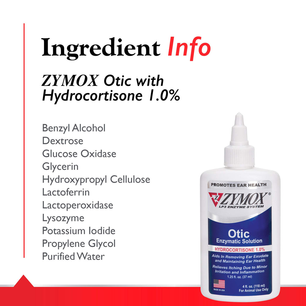 Etiqueta de Zymox Otic mostrando 1% de hidrocortisona para alivio del picor.