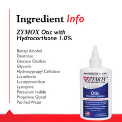 Etiqueta de Zymox Otic mostrando 1% de hidrocortisona para alivio del picor.