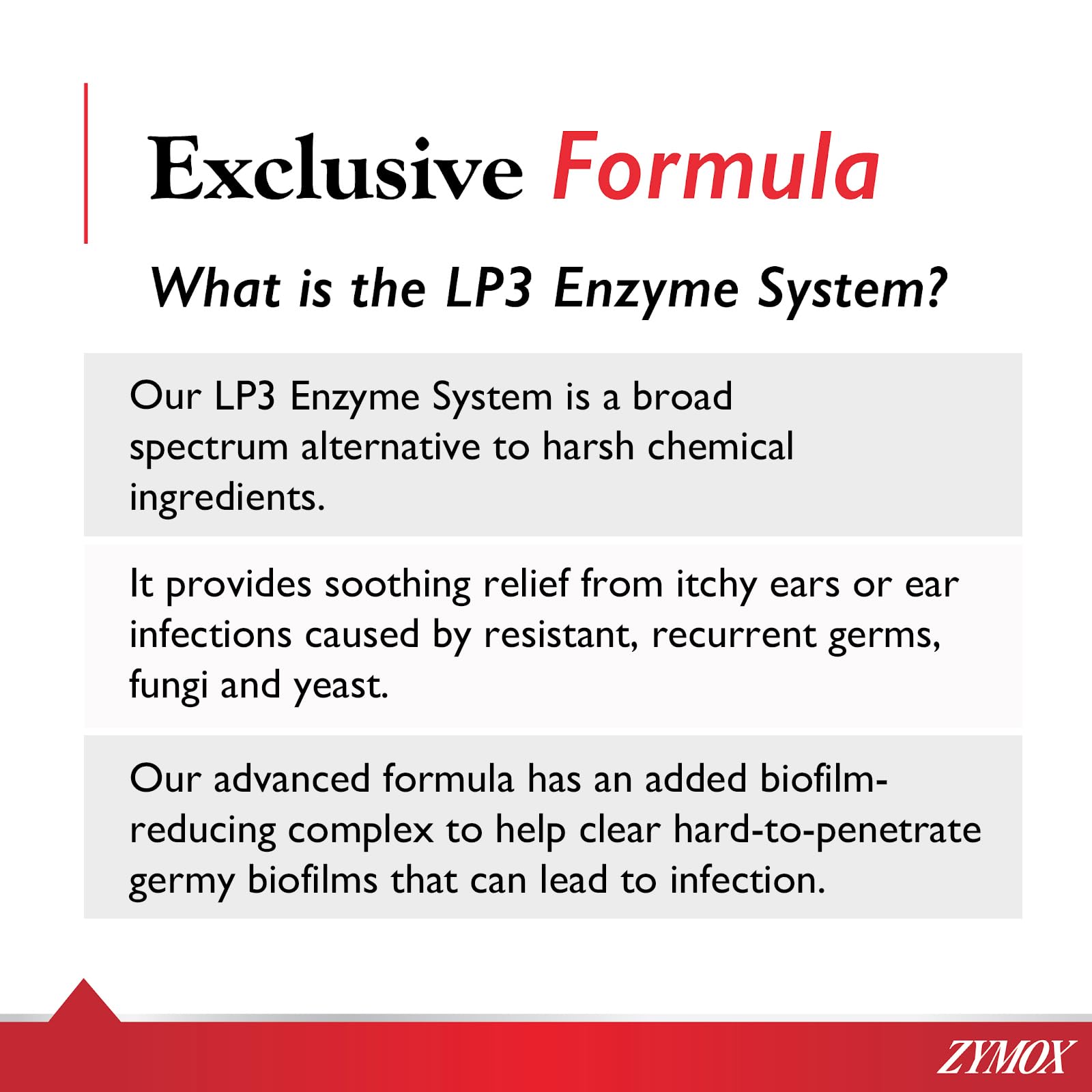 Fórmula de Zymox sin detergentes para orejas sensibles.