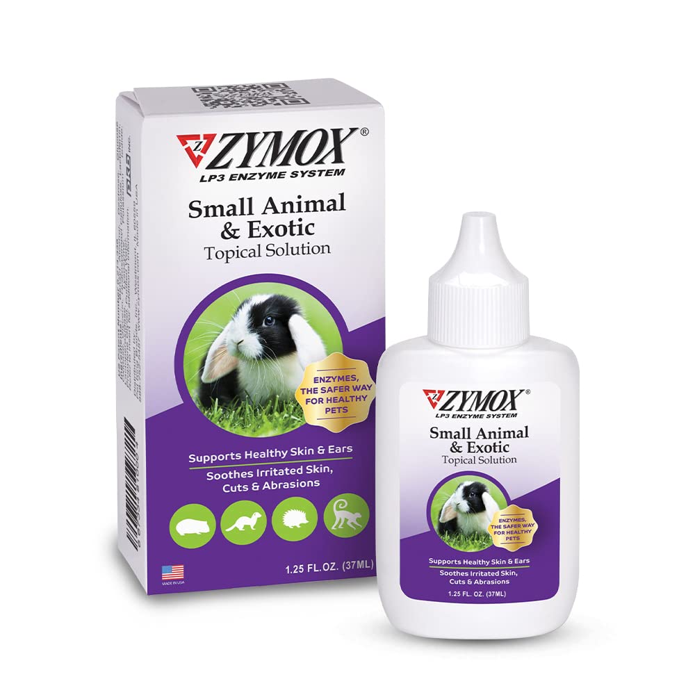 Zymox Solución tópica para pequeños animales y exóticos, envase de 1.25 oz para piel saludable.