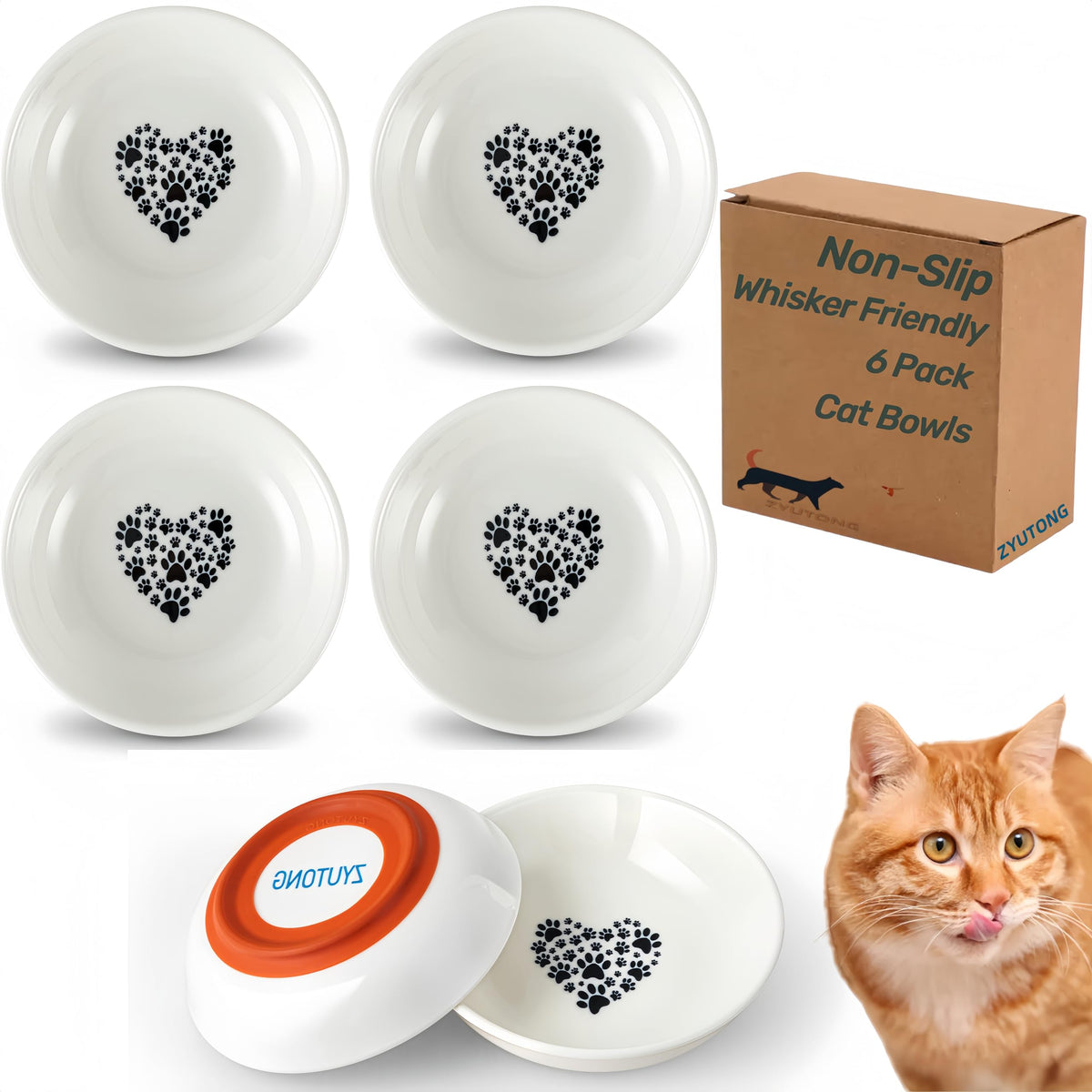 Conjunto de 6 cuencos Zyutong antideslizantes con diseño de corazon para gatos.